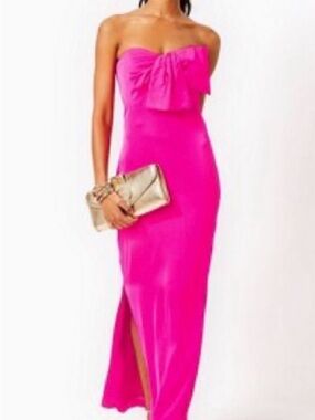Lily Pulitzer Carlynn Satin Bow Strapless Side Slit Maxi Dress Pink Palm 16 NWT